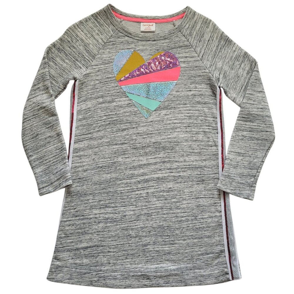 Cat & Jack Girls Heart Dress Heather Gray Long Sleeve Sequin Glitter L 10/12 - Picture 1 of 10